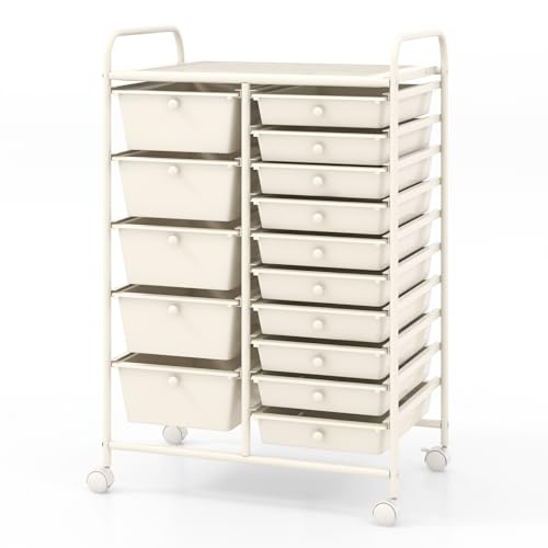 15-Drawer Rolling Cart, Mobile Storage Cart with Universal Wheel & Metal Frame, Multipurpose Trolley Utility Cart, Craft Art Cart Organizer for Home Office School - color: White, size: 15 Drawers (5 Big +10 Small)