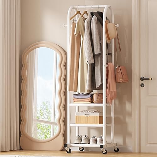 Dttwacoyh Clothing Rack with Wheels,Narrow Metal Garment Rack,White | Easy to install, 71.8 Inches Display Rack with 4 Side Hooks & 3 Shelves,for Small Flats, Bedroom, Entryway,White Clothes Rack - color: White