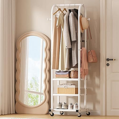 Dttwacoyh Clothing Rack with Wheels,Narrow Metal Garment Rack,White | Easy to install, 71.8 Inches Display Rack with 4 Side Hooks & 3 Shelves,for Small Flats, Bedroom, Entryway,White Clothes Rack - color: White