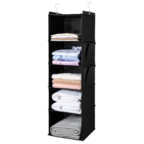 BOOMIBOO Hanging Closet Organize and Shelves,5-Hanging Shelf (Black) | Dorm Room Essentials, Clothes Organizer with 2 Side Pockets, Hanging Shelves for Closet Storage, Breathable Fabric - color: Black, size: 1
