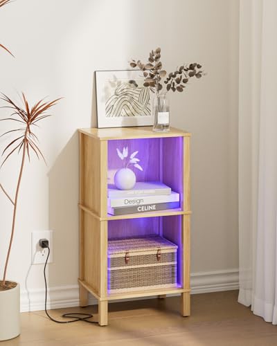 Bookshelf with LED Lights, Modern 2-Tier Bookcase, Open Storage Book Shelf, 11 × 14.2 × 27.4 Inches, Small Narrow Bookshelves for Living Room, Home Office, Bedroom, Natural - color: Natural With Lights, size: 2-Tier