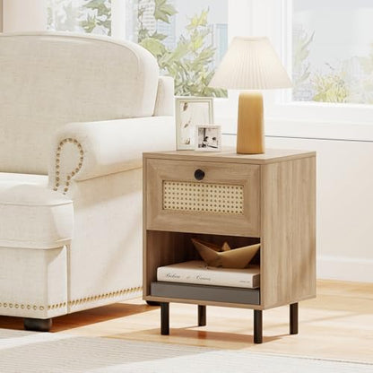 Giantex Rattan Nightstand with Drawer, Mid Century Modern Bed Side Table w/ 4 Metal Legs and Open Storage Shelf, Wood Boho End Table for Small Spaces, Night Stand for Bedroom Office, Natural - color: Natural