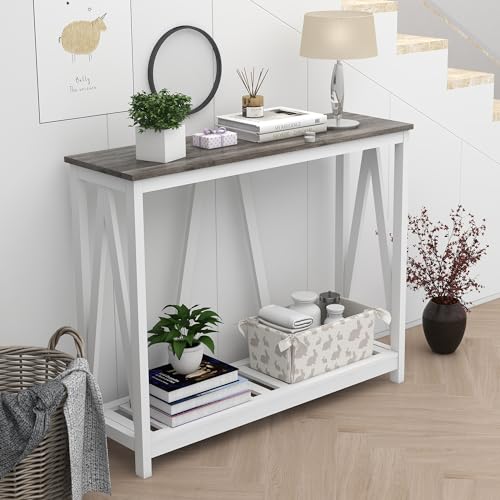 Farmhouse Console Table for Entryway, 39.3 Inch Sofa Table with Storage Shelf, Hallway Table, Narrow Behind Couch Table for Foyer, Living Room，Oak Grey - color: Oak Grey