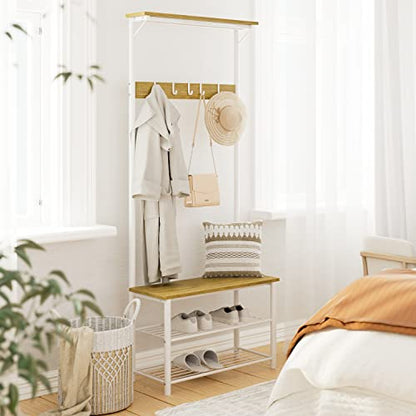 Hall Tree with Bench and Shoe Storage, 3-in-1 Coat Rack Shoe Bench, Freestanding Wooden Coat Rack with Metal Frame, 3-Tier Storage Shelf and 5 Removable Hooks, White - color: 2.white Hall Tree With Top Shelf
