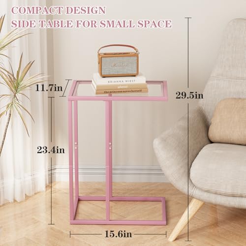 C Shaped End Table, Side End Tables for Living Room,Glass Sofa Couch Table with Metal Frame, Small Tv Tray Snack Dinner Table for Bedroom, Small Spaces, Easy Assembly (Pink) - color: Pink