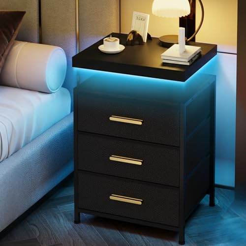 DreamDashio Night Stand with APP Control LED Lights, 3 Fabric Storage Drawers with PU Finish, Floating Top Design, Bedside Table with Open Shelf, End Table for Bedroom, Living Room, Office (Black) - color: Black