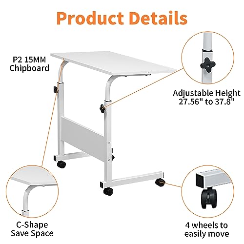 Karl home Mobile Side Table 31.5 inch Computer Desk with Wheels Height Adjustable Rolling Potable Laptop Cart, C-Shaped Bed Couch Sofa End Tables with Edge Stopper for Livingroom Bedroom, White - color: White, size: 31.5"+No Power Sockets