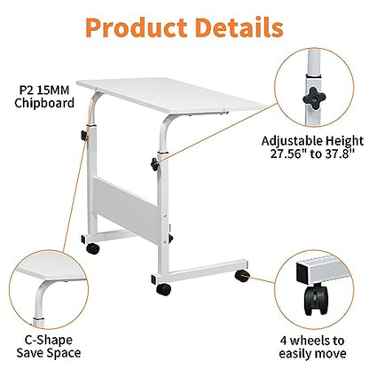Karl home Mobile Side Table 31.5 inch Computer Desk with Wheels Height Adjustable Rolling Potable Laptop Cart, C-Shaped Bed Couch Sofa End Tables with Edge Stopper for Livingroom Bedroom, White - color: White, size: 31.5"+No Power Sockets