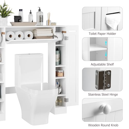 Over The Toilet Storage Cabinet, Bathroom Space Saver with Paper Holder and Adjustable Shelves, Freestanding Toilet Cabinet Organizer with 2 Side Doors and Pull-Down Door, White