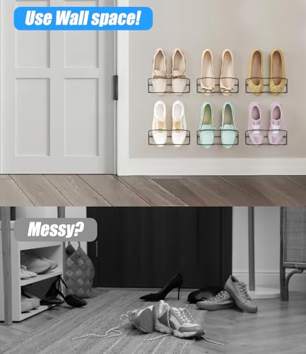 Wall Mounted Shoe Rack 6PCS, with Sticky Hanging Strips, Metal Wall Shoe Storage, Hanging Shoe Organizer for Door/RV/Wall
