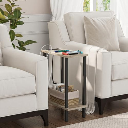 TUTOTAK Small End Table with Charging Station, Narrow Side Table with USB Ports and Outlets, Skinny Sofa Table, Slim Nightstand, Living Room, Bed Room, Greige TB01BG060 - color: Greige, size: 2-tier