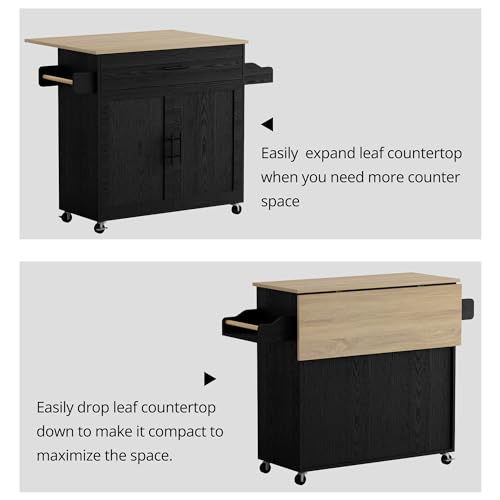 IRONCK Rolling Kitchen Island Cart with Drop-Leaf and Wine Rack, Black | Wheels, Drawers, Open Shelves, Adjustable Shelves, and Spacious Drawer Storage - color: Black