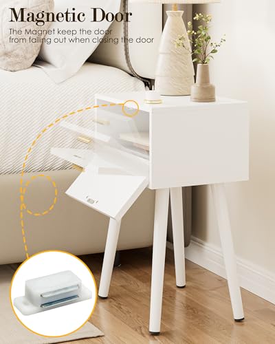 Night Stand Set 2, White Nightstand with Fluted Doors, Small Modern Mid-Century Bedside Table for Bedroom, End Table for Living Room - color: White