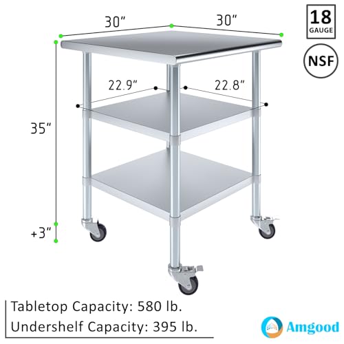 AmGood Stainless Steel Work Table with 2 Shelves and Casters | Metal Utility Table On Wheels (Stainless Steel Work Table with 2 Shelves + Casters, 30" Long x 30" Deep) - size: 30" Long x 30" Deep