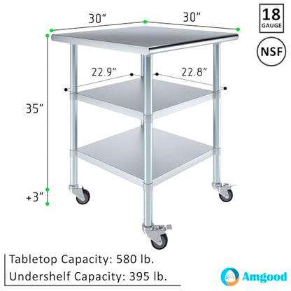 AmGood Stainless Steel Work Table with 2 Shelves and Casters | Metal Utility Table On Wheels (Stainless Steel Work Table with 2 Shelves + Casters, 30" Long x 30" Deep) - size: 30" Long x 30" Deep