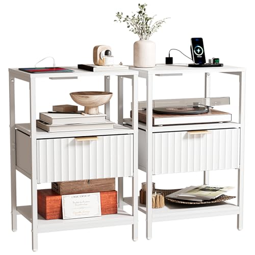 Bonnlo Fluted Nightstand Set of 2, End Table with Fabric Drawer with Charging Station, Night Stand with Storage Shelf & Handle, Fluted Side Table for Bedroom/Living Room,White - color: White, size: 1 Drawer