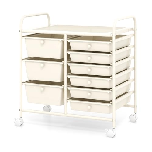 9-Drawer Rolling Cart, Mobile Storage Cart with Universal Wheel & Metal Frame, Multipurpose Trolley Utility Cart, Craft Art Cart Organizer for Home Office School - color: White, size: 9 Drawers (3 Big +6 Small)