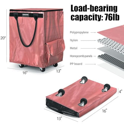 Reusable Grocery Bag Tote Bag with Wheels, Foldable Rolling Tote Bag with 3 Handles and Zipper - color: Pink, size: Medium