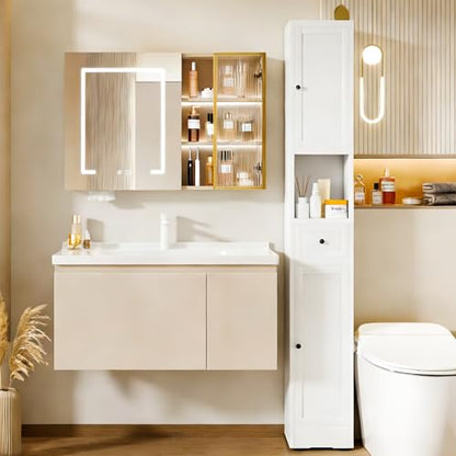 71" Tall Metal Bathroom Cabinet, 12" Slim Freestanding Locker with 2 Door & 1 Drawer, Narrow Storage Cabinet with Adjustable Shelves, for Small Spaces, Bathroom, Living Room, Modern - White