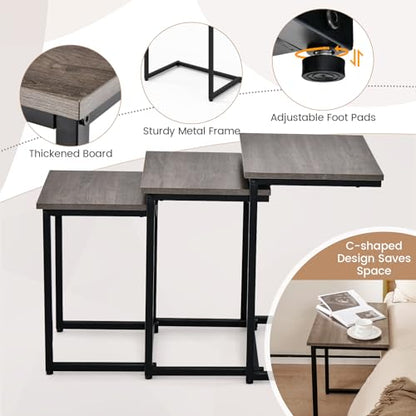Tangkula Nesting Table Set of 3, Rectangle Stacking Side End Table w/Wood Top & Metal Legs, Adjustable Foot Pads, C-Shaped Accent Coffee Tables for Small Spaces, Living Room (C-Shaped, Gray, 3-pc) - color: Grey