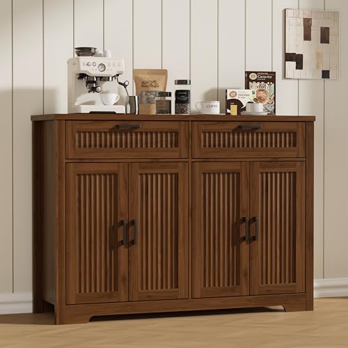 Buffet Cabinet with 2 Storage Drawers, Farmhouse Coffee Bar Table with Storage and Adjustable Shelf, 47.2" Wide Fluted Sideboard Cabinet for Kitchen, Dining Room, Living Room, Entryway, Modern Walnut - color: Walnut, size: 2 Drawers + 4 Doors