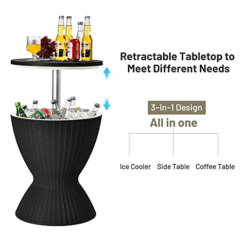 Tangkula Outdoor Cooler Table, Multi-Functional Cooler Bar Table, Adjustable Height Ice Cooler Side Table w/Drain Plug, 8 Gallon Beer & Wine Cooler, Rattan Style Patio Furniture for Pool Parties - color: Black