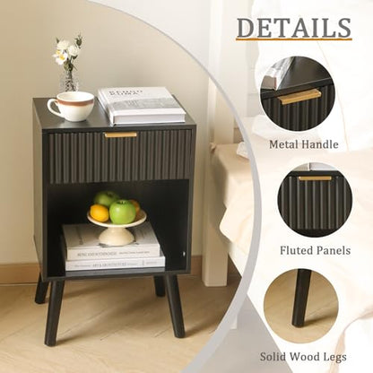 Fultyle Black Fluted Nightstand, Modern Bedside Table with Drawer and Open Storage, End Side Table Living Room with Solid Wood Legs for Bedroom (Black) - color: Black