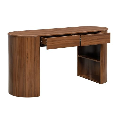 Modern MDF Office Desk with 2 Drawers & Open Shelves, Half-Cylinder Base Computer Table, Sleek Long-Lasting Workstation for Home Office, Study, or Bedroom, Stylish Storage Writing Desk, Dark Walnut