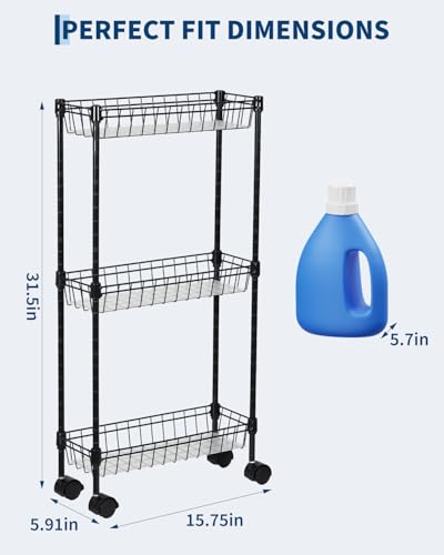 4-Tier Slim Rolling Storage Cart, 5.91" Wide Narrow Metal Utility Cart on Wheels, Multi-Functional Adjustable Shelving Unit with Anti-Fall Pads for Kitchen Gap, Bathroom, Laundry Room, Black - size: 3-tier