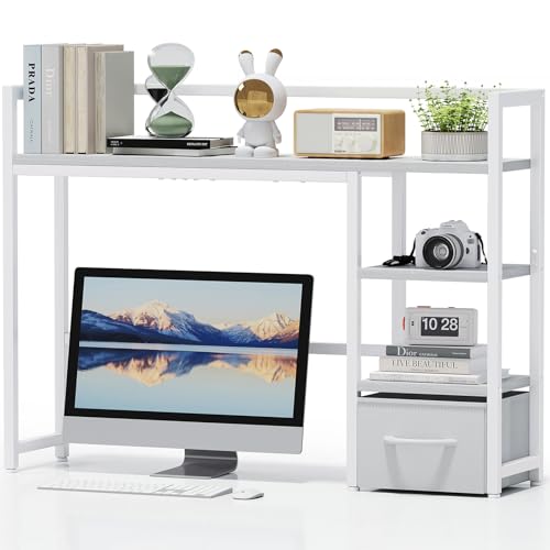 Marbrasse Desk Shelf with Drawer, 40" Desk Hutch for Computer Monitor, Desk Shelf for top of Desk, Wooden Desktop Bookshelf Storage Rack for Home Office Dorm - White - color: White