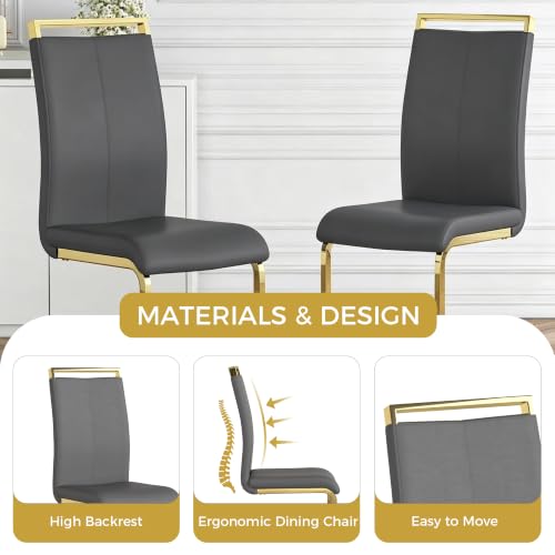 Baysitone Modern Dining Chairs Set of 2, Side & Kitchen Chairs with Gold Frame, Faux Leather Padded Seat High Back, for Dining, Kitchen & Living Room - Dark Grey - color: Grey With Gold Leg, size: Set of 2