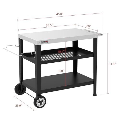 Royal Gourmet PC3404S Rolling Dining Table with Trash Bag Holder, Outdoor Garden Patio BBQ Kitchen Food Prep Table Cart, 34"L x 20"W Stainless Steel Tabletop, Silver & Black | 34"L x20"W Stainless Steel Tabletop | with Removable Trash Bag Holder | Outdoor