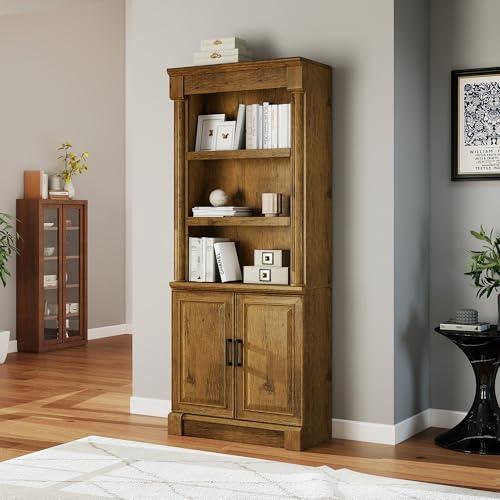 72" Roman Column Bookcase with Double Door Cabinet, 5 Tiers Tall Bookshelf Shelves Storage Anti Tip Kit, Classic American European Modern Multi Style Design for Living Room Study Office, Vintage Oak - color: Vintage Oak, size: 5-Tier Roman Column Bookcase
