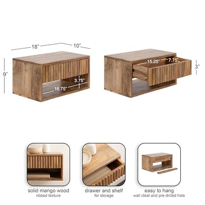 Kate and Laurel Reid Ribbed Wooden Tiered Floating Side Table, 18 x 10 x 9, Natural Wood, Modern Rectangular Mango Wood Floating Nightstand with Drawer for Bedroom Storage or Living Room End Table - color: Natural