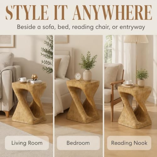 Twisted Solid Wood Accent Table, Hand-Carved Sculptural End Table, 12x12x16 inch Rustic Wooden Stool, Modern Geometric Side Table for Living Room Bedroom, Natural Wood Nightstand Plant Stand - color: Style A-natural