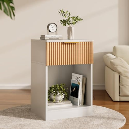 ZIFTY Farmhouse Fluted Nightstand with Drawer and Storage Shelf, Modern White Bedside Table, Boho Wooden End Table for Bedroom Living Room Office, Minimalist Night Stand