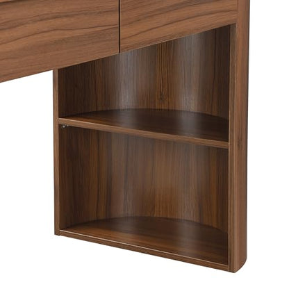 Modern MDF Office Desk with 2 Drawers & Open Shelves, Half-Cylinder Base Computer Table, Sleek Long-Lasting Workstation for Home Office, Study, or Bedroom, Stylish Storage Writing Desk, Dark Walnut