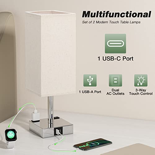 Beige Touch Lamps Set of 2 for Bedroom - Dimmable, USB C+A, 2 AC Outlets | 3-Way Dimming, 3000K LED Bulbs Included, Square Beige Lampshade Silver Base, Small Bedside Lamp for Nightstand, Desk, Dorm - color: Beige-Silver