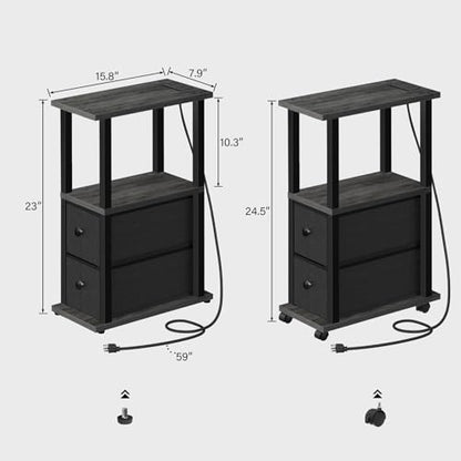 TUTOTAK Small Narrow End Tables, Side Tables with 2 Fabric Drawers, Set of 2, Bedside Tables with Charging Station for Small Spaces, Slim Nightstands with USB Ports and Wheels, TB01BY053 - color: Charcoal Grey, style: with Outlets