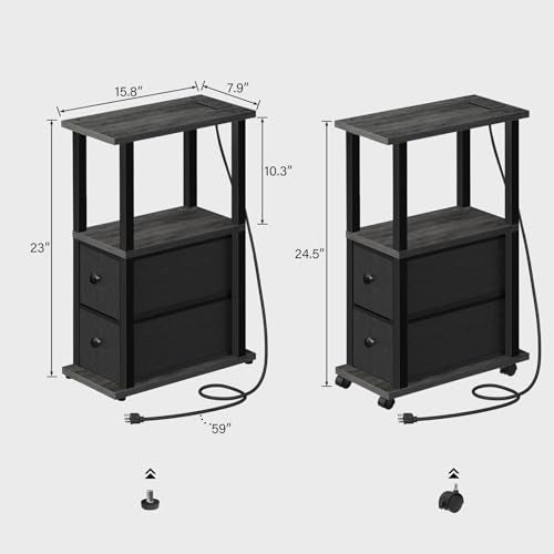 TUTOTAK Small Narrow End Tables, LED Side Tables with 2 Fabric Drawers, Set of 2, Bedside Tables with Charging Station for Small Spaces, Slim Nightstands with USB Ports and Wheels, TB01BY053L - color: Charcoal Grey, style: with LED Light & Outlets
