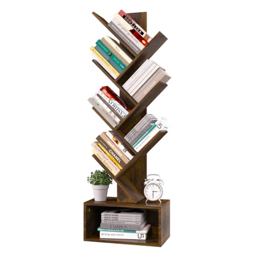 Yoobure Tree Bookshelf - 6 Shelf Retro Floor Standing Bookcase, Tall Wood Book Storage Rack for CDs/Movies/Books, Utility Book Organizer Shelves for Bedroom, Living Room, Home Office, Rustic Brown - color: Rustic Brown
