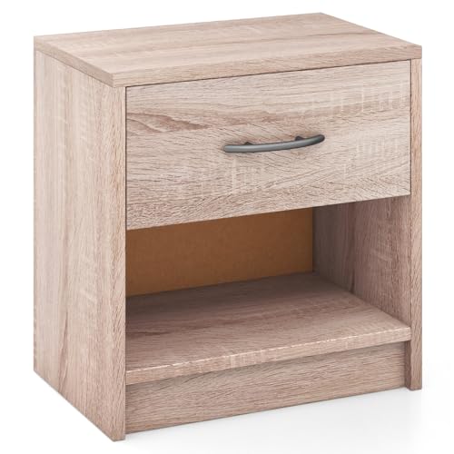Giantex Night Stand with Drawer, Wood Rustic End Table with Open Storage Shelf for Bedroom, Compact Floor Sofa Side Table for Small Spaces, Farmhouse Bedside Table for Home Office, Light Oak - color: Light Oak
