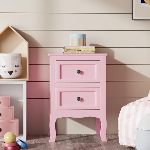 Bonnlo Nightstand with 2 Drawers, Night Stands for Bedrooms, Small Bed Side Table/White Night Stand with Drawers for Small Spaces, College Dorm, Kids’ Room, Living Room, French, 16W x 12D x 24H, Pink - color: Pink