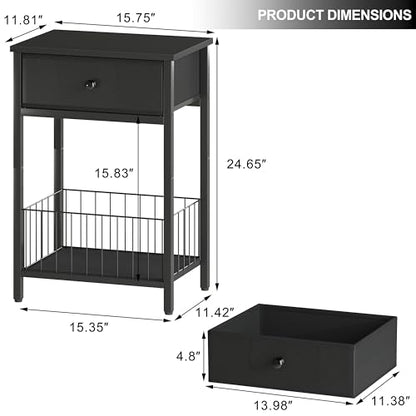 Nightstands Set of 2 with PU Leather Front Drawer, 3-Tier End Table with Bottom Mesh Basket, Industrial Bedside Tables for Bedroom, Black - color: Black