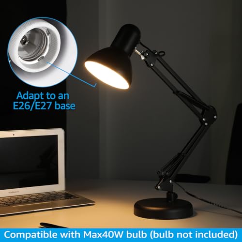 TORCHSTAR Metal Desk Lamp, Adjustable Swing Arm, E26, Black | Architect Gooseneck Multi-Joint Clip Table Lamp with Plastic Clamp, for Home Office, Work, Study, Reading, Bulbs not Included - color: Black