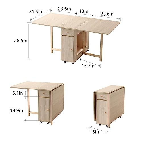 Drop Leaf Folding Dining Table with Storage, Wheels, Space Saving | Foldable Design, 18mm Thick Plywood, 300 lbs Capacity, Locking Wheels, Farmhouse Style, for Living Room Kitchen Small Spaces - color: Wood