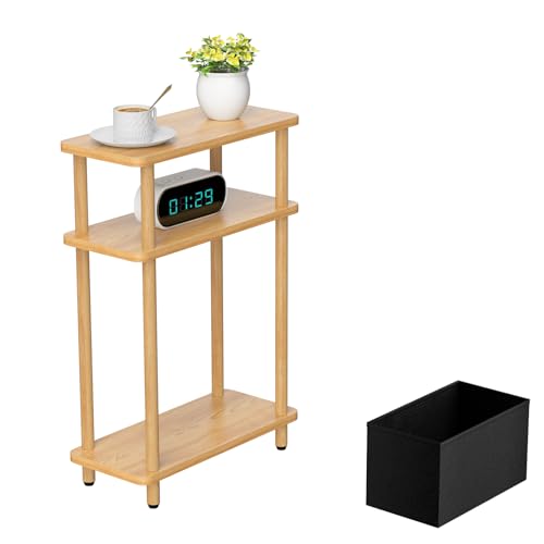 THUMEYE Narrow Side Table with Fabric Basket, 7" Wide, 3 Tier Skinny End Table with Wood Legs, Slim Nightstand/Bedside Table for Small Spaces, with Adjustable Feet, 15.7" L x 23" H - color: Burlywood