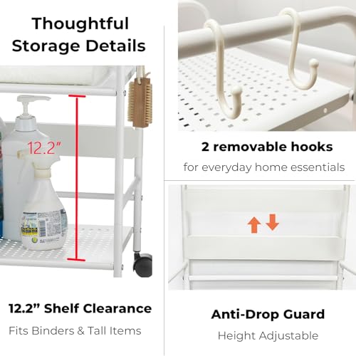 2-Tier Metal Rolling Cart, Compact Under Desk Storage Organizer | 12.2" clearance fits binders & tall bottles; anti-drop safety guard; small space mobile shelf for home, bedroom & office. - color: White