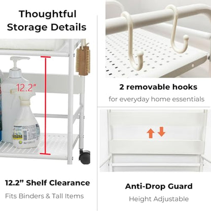 2-Tier Metal Rolling Cart, Compact Under Desk Storage Organizer | 12.2" clearance fits binders & tall bottles; anti-drop safety guard; small space mobile shelf for home, bedroom & office. - color: White