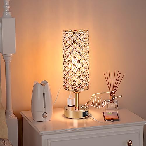 Hong-in Gold Lamps Set of 2, Dimmable Gold Lamps for Nightstand with USB-C+A & AC Charging Ports, 3-Way USB Crystal Lamp, Bedside Desk Light for Bedroom Living Room Home Office(Bulb Included) - color: Gold